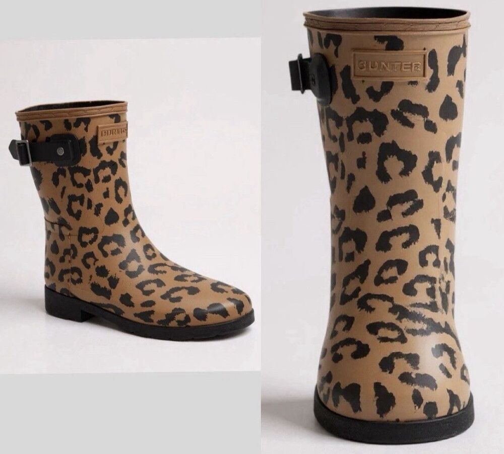 HUNTER Original Refined Short Leopard Print Rain Boots Women’s 10 Waterproof New